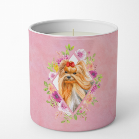 Yorkshire Terrier #2 Pink Flowers 10 oz Decorative Soy Candle