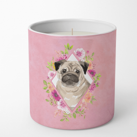 Pug - Fawn 1 Pink Flowers 10 oz Decorative Soy Candle