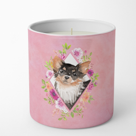 Chihuahua - Longhaired Pink Flowers 10 oz Decorative Soy Candle