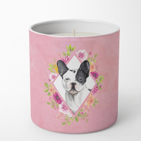 French Bulldog - Black and White Pink Flowers 10 oz Decorative Soy Candle