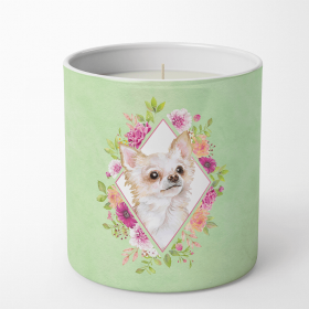 Chihuahua - Long Hair Green Flowers 10 oz Decorative Soy Candle