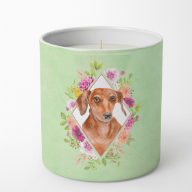 Dachshund - Red #2 Green Flowers 10 oz Decorative Soy Candle