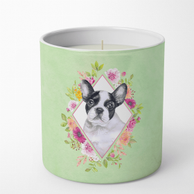 French Bulldog Green Flowers 10 oz Decorative Soy Candle