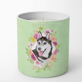 Siberian Husky #1 Green Flowers 10 oz Decorative Soy Candle