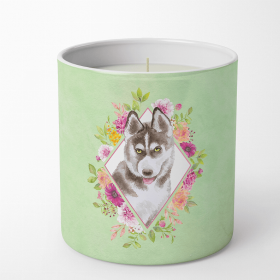 Siberian Husky #2 Green Flowers 10 oz Decorative Soy Candle