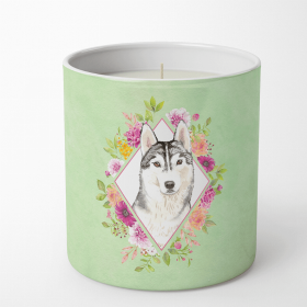 Siberian Husky Green Flowers 10 oz Decorative Soy Candle