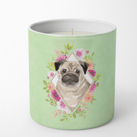 Pug 1 Green Flowers 10 oz Decorative Soy Candle