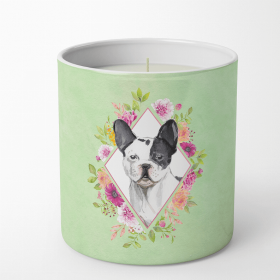 French Bulldog - Black and White Green Flowers 10 oz Decorative Soy Candle