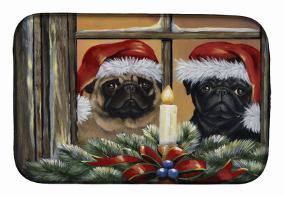 Pug Christmas Anticipation Art Dish Drying Mat