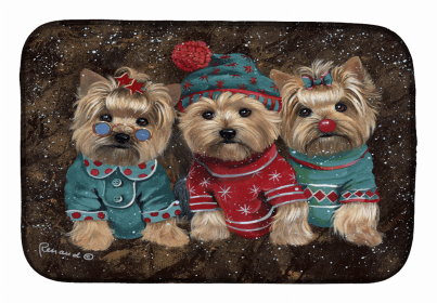 Yorkie Christmas Elves Art Dish Drying Mat