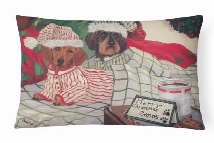 Dachshund Christmas Waiting for Santa Portrait/Landscape Painting Fabric Decorative Pillow