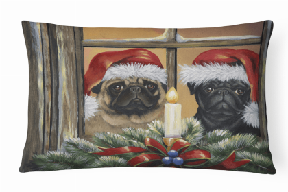 Pug Christmas Anticipation Portrait/Landscape Painting Fabric Decorative Pillow