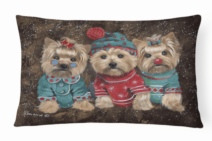 Yorkie Christmas Elves Portrait/Landscape Painting Fabric Decorative Pillow