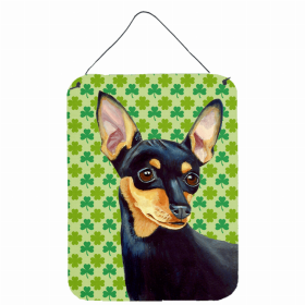 Min Pin - Black and Tan St. Patrick's Day Shamrock Portrait Design Wall or Door Hanging Prints