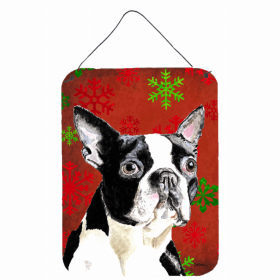 Boston Terrier Red and Green Snowflakes Holiday Christmas Design Wall or Door Hanging Prints