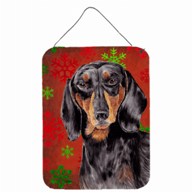 Dachshund #4 Red and Green Snowflakes Holiday Christmas Design Wall or Door Hanging Prints