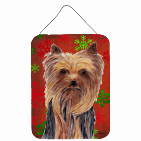 Yorkshire Terrier Red and Green Snowflakes Holiday Christmas Design Wall or Door Hanging Prints