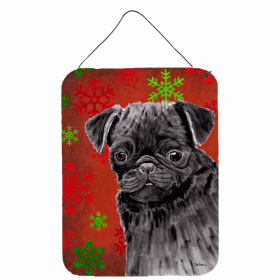 Pug #2 Red and Green Snowflakes Holiday Christmas Design Wall or Door Hanging Prints