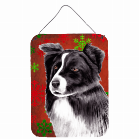 Border Collie Red and Green Snowflakes Holiday Christmas Design Wall or Door Hanging Prints