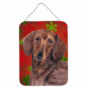 Dachshund #5 Red and Green Snowflakes Holiday Christmas Design Wall or Door Hanging Prints