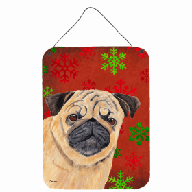 Pug #3 Red and Green Snowflakes Holiday Christmas Design Wall or Door Hanging Prints