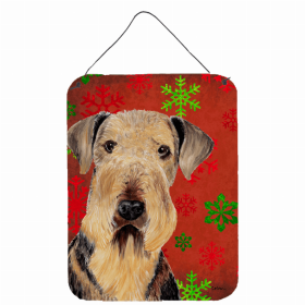 Airedale Terrier #2 Red and Green Snowflakes Holiday Christmas Design Wall or Door Hanging Prints