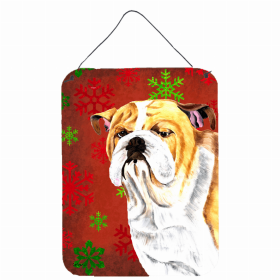 Bulldog #2 Red and Green Snowflakes Holiday Christmas Design Wall or Door Hanging Prints