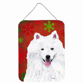 American Eskimo Red and Green Snowflakes Holiday Christmas Design Wall or Door Hanging Prints