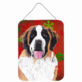 Saint Bernard Red and Green Snowflakes Holiday Christmas Design Wall or Door Hanging Prints