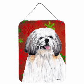 Shih Tzu Red and Green Snowflakes Holiday Christmas Design Wall or Door Hanging Prints