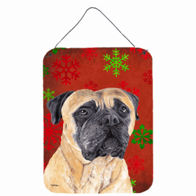 Mastiff Red and Green Snowflakes Holiday Christmas Design Wall or Door Hanging Prints