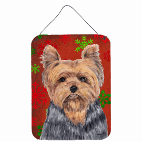 Yorkshire Terrier #2 Red and Green Snowflakes Holiday Christmas Design Wall or Door Hanging Prints