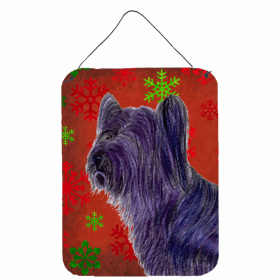 Skye Terrier Red and Green Snowflakes Holiday Christmas Design Wall or Door Hanging Prints