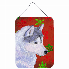 Siberian Husky Red and Green Snowflakes Holiday Christmas Design Wall or Door Hanging Prints