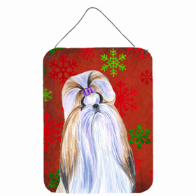 Shih Tzu #2 Red and Green Snowflakes Holiday Christmas Design Wall or Door Hanging Prints