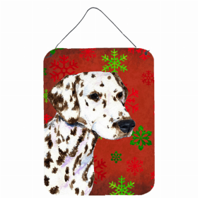 Dalmatian Red and Green Snowflakes Holiday Christmas Design Wall or Door Hanging Prints