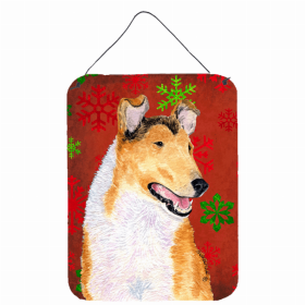 Collie #3 Red and Green Snowflakes Holiday Christmas Design Wall or Door Hanging Prints