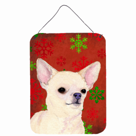 Chihuahua #2 Red and Green Snowflakes Holiday Christmas Design Wall or Door Hanging Prints