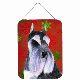 Schnauzer #4 Red and Green Snowflakes Holiday Christmas Design Wall or Door Hanging Prints