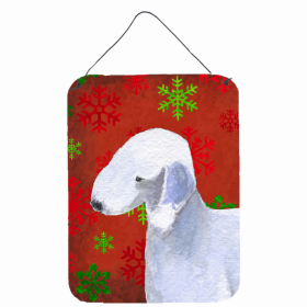 Bedlington Terrier Red and Green Snowflakes Holiday Christmas Design Wall or Door Hanging Prints