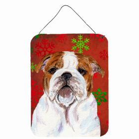 Bulldog #3 Red and Green Snowflakes Holiday Christmas Design Wall or Door Hanging Prints