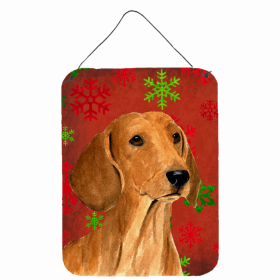 Dachshund #6 Red and Green Snowflakes Holiday Christmas Design Wall or Door Hanging Prints