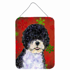 Portuguese Water Dog Red and Green Snowflakes Holiday Christmas Design Wall or Door Hanging Prints