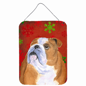 Bulldog #4 Red and Green Snowflakes Holiday Christmas Design Wall or Door Hanging Prints