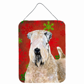 Soft Coated Wheaten Terrier Red and Green Snowflakes Holiday Christmas Design Wall or Door Hanging Prints