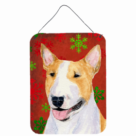 Bull Terrier #3 Red and Green Snowflakes Holiday Christmas Design Wall or Door Hanging Prints