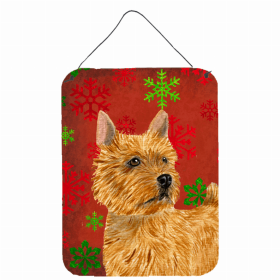 Norwich Terrier #2 Red and Green Snowflakes Holiday Christmas Design Wall or Door Hanging Prints