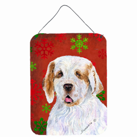 Clumber Spaniel Red and Green Snowflakes Holiday Christmas Design Wall or Door Hanging Prints