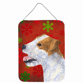 Jack Russell Terrier #2 Red and Green Snowflakes Holiday Christmas Design Wall or Door Hanging Prints