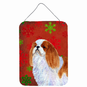 English Toy Spaniel Red and Green Snowflakes Holiday Christmas Design Wall or Door Hanging Prints